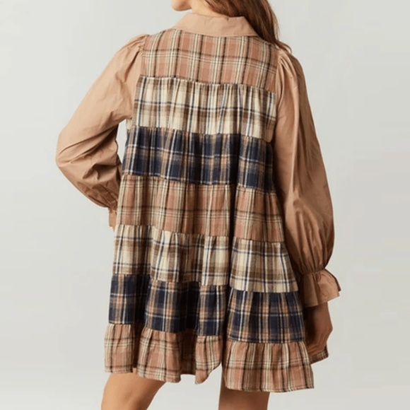 Cotton Plaid Print Button Down Loose Fit Long Sleeve Dress - Picture 3 of 5
